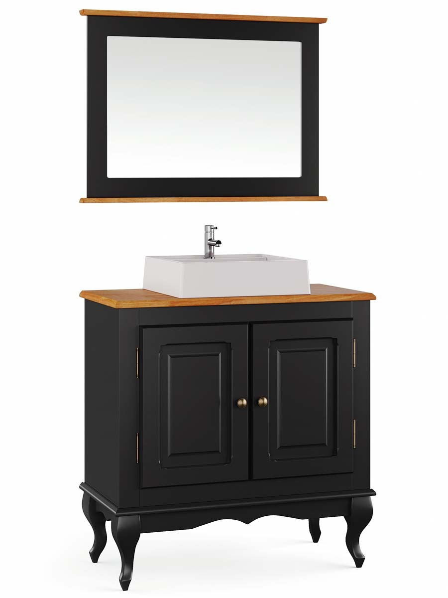 Balcão Para Banheiro Com Cuba E Espelho Pés Luis XV 2 Portas Dalia 81 x 80 x 40 cm (A x L x P) - Cor Preto/Imbuia Glazer
