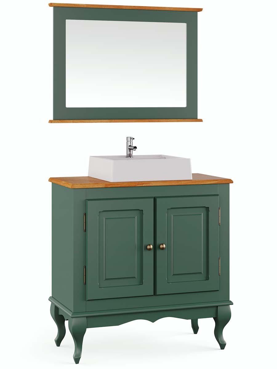Balcão Para Banheiro Com Cuba E Espelho Pés Luis XV 2 Portas Dalia 81 x 80 x 40 cm (A x L x P) - Cor Verde Musgo/Imbuia Glazer