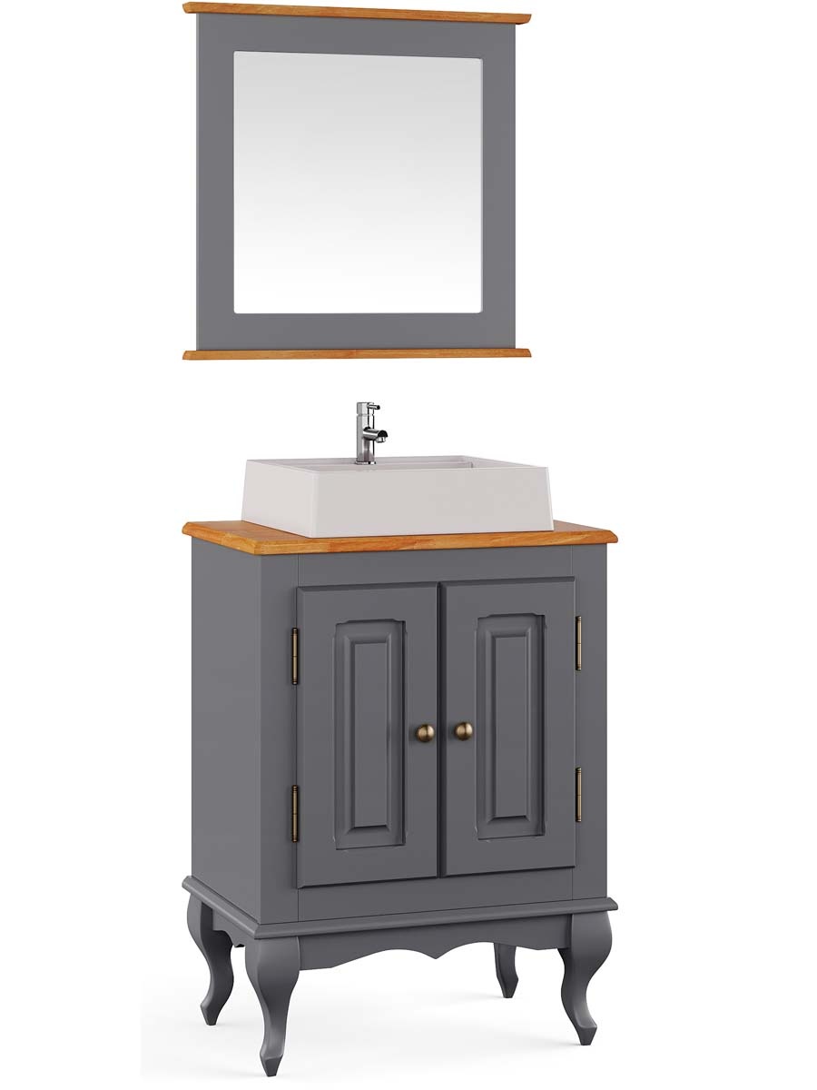 Balcão Para Banheiro Com Cuba E Espelho Pés Luis XV 2 Portas Dalia 81 x 60 x 40 cm (A x L x P) - Cor Cinza Escuro - Imbuia Glazer 
