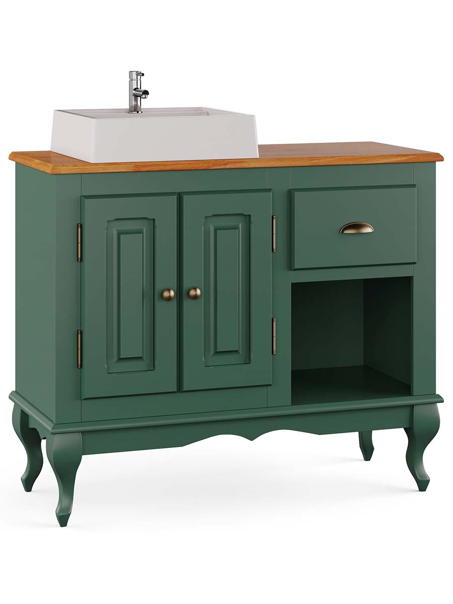 Balcão Para Banheiro Com Cuba Pés Luis XV 2 Portas 1 Gaveta 1 Nicho Dalia 81 x 97 x 40 cm (A x L x P) - Cor Verde Musgo - Imbuia Glazer 