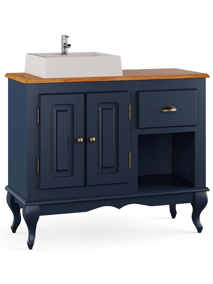 Balcão Para Banheiro Com Cuba Pés Luis XV 2 Portas 1 Gaveta 1 Nicho Dalia 81 x 97 x 40 cm (A x L x P) - Cor Azul Petróleo - Imbuia Glazer 