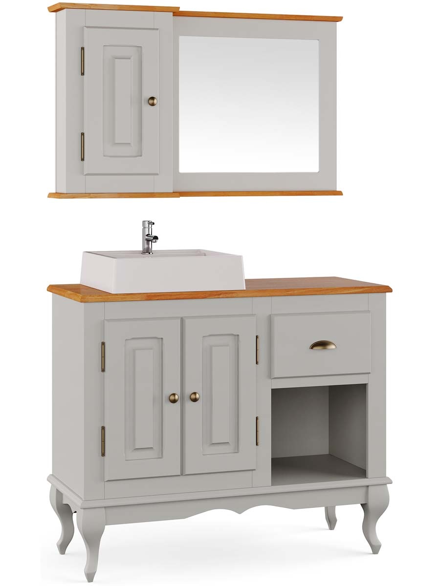 Balcão Para Banheiro Com Cuba E Espelho Pés Luis XV 2 Portas 1 Gaveta 1 Nicho Dalia 81 x 97 x 40 cm (A x L x P) - Cor Offwhite - Imbuia Glazer