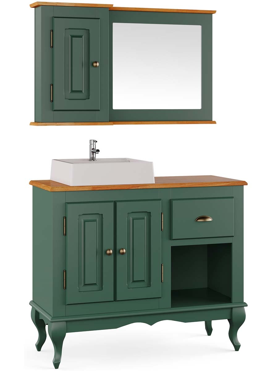 Balcão Para Banheiro Com Cuba E Espelho Pés Luis XV 2 Portas 1 Gaveta 1 Nicho Dalia 81 x 97 x 40 cm (A x L x P) - Cor Verde Musgo - Imbuia Glazer