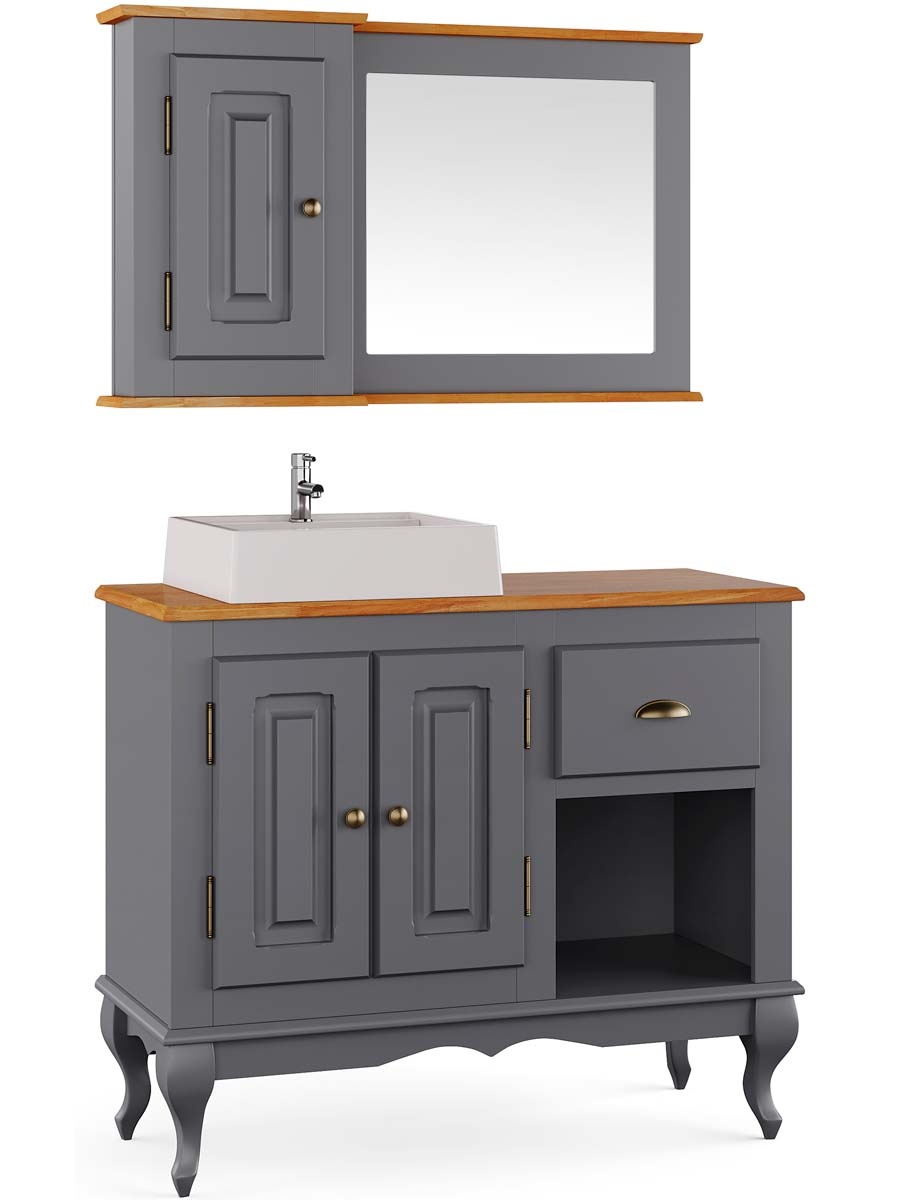 Balcão Para Banheiro Com Cuba E Espelho Pés Luis XV 2 Portas 1 Gaveta 1 Nicho Dalia 81 x 97 x 40 cm (A x L x P) - Cor Cinza Escuro - Imbuia Glazer