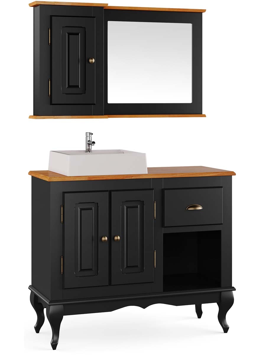 Balcão Para Banheiro Com Cuba E Espelho Pés Luis XV 2 Portas 1 Gaveta 1 Nicho Dalia 81 x 97 x 40 cm (A x L x P) - Cor Preto - Imbuia Glazer