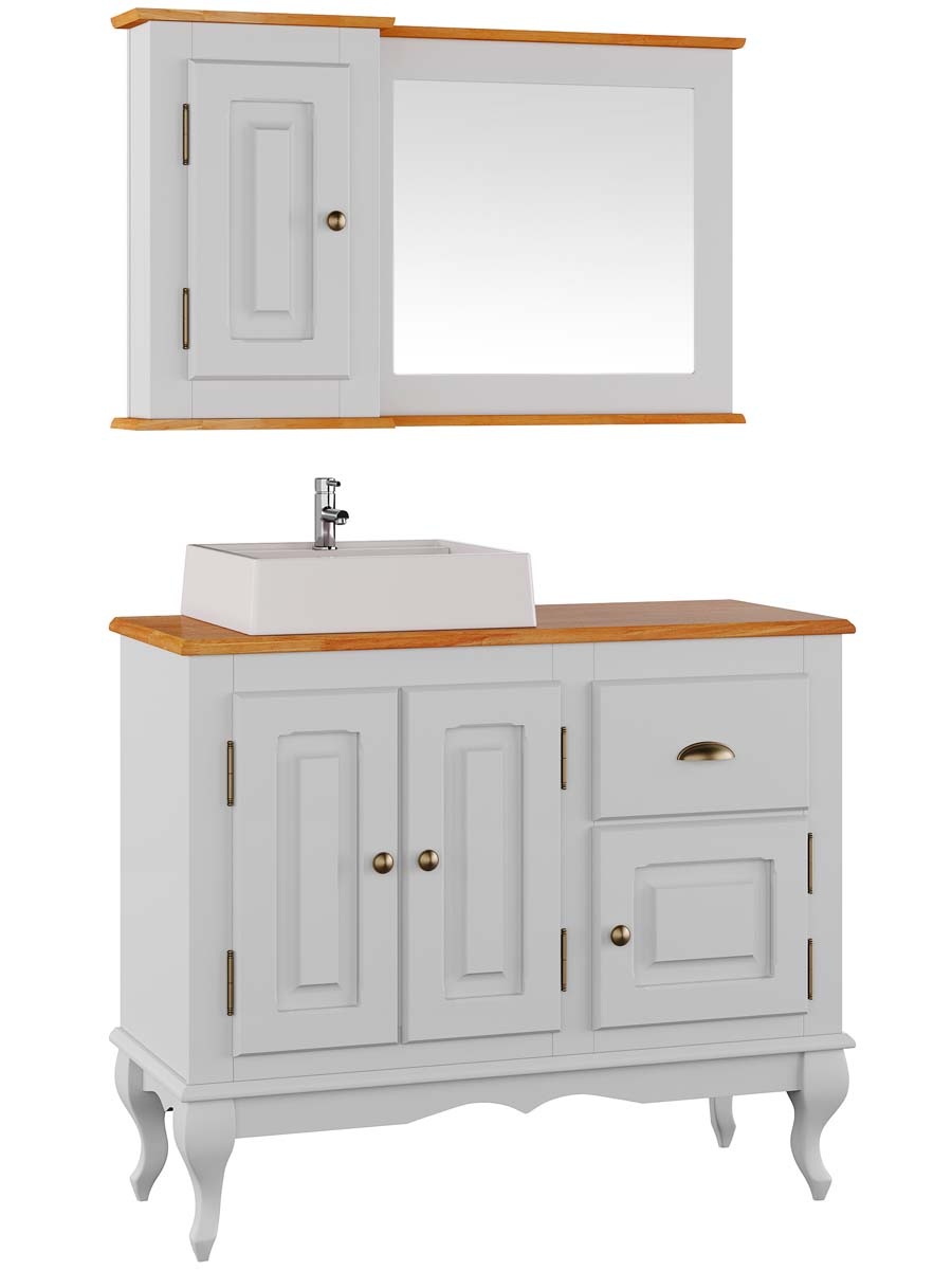 Balcão Para Banheiro Com Cuba e Espelho Pés Luis XV 3 Portas 1 Gaveta 81 x 97 x 40 cm (A x L x P) - Cor Branco - Imbuia Glazer 