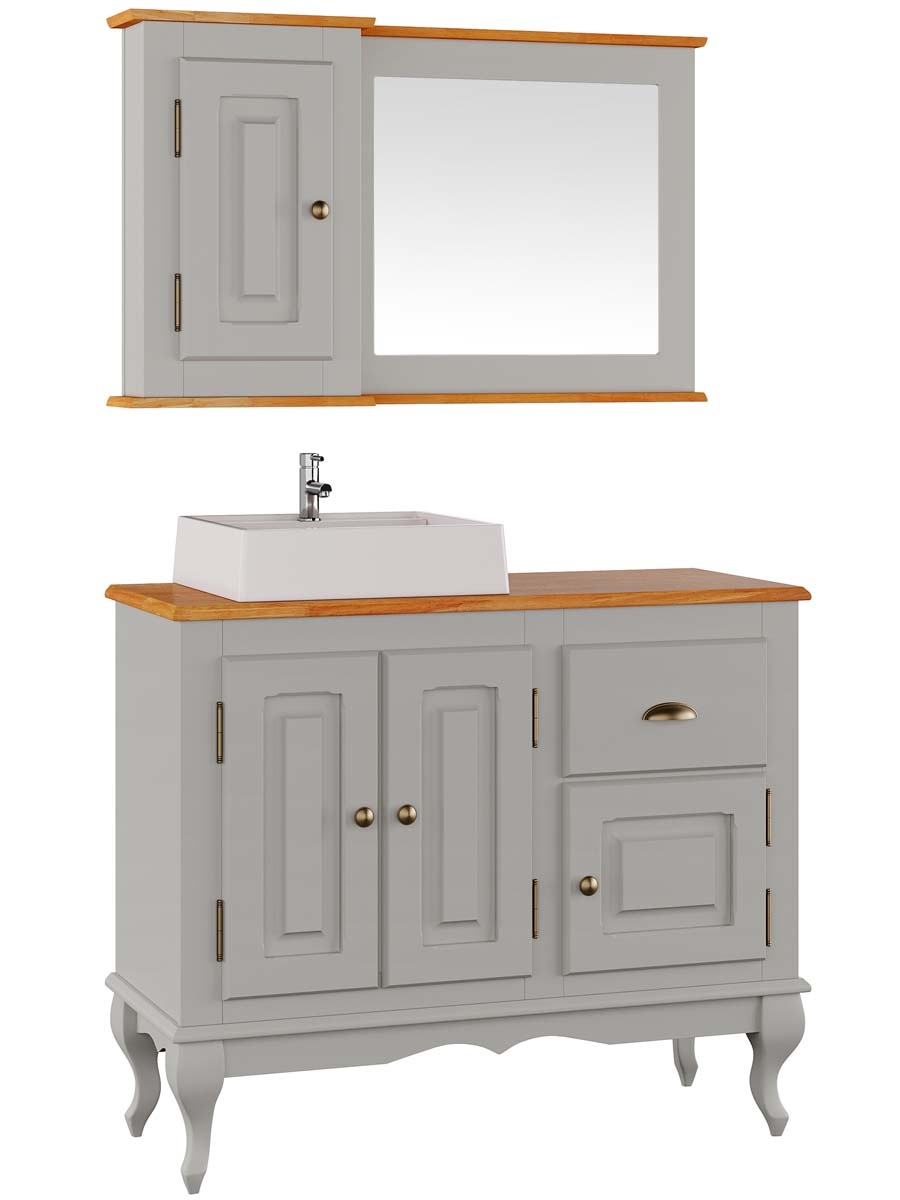 Balcão Para Banheiro Com Cuba e Espelho Pés Luis XV 3 Portas 1 Gaveta 81 x 97 x 40 cm (A x L x P) - Cor Offwhite - Imbuia Glazer 