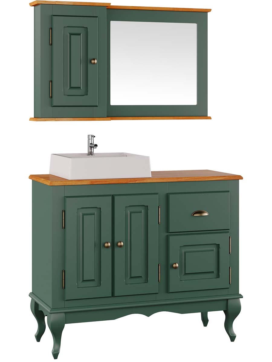 Balcão Para Banheiro Com Cuba e Espelho Pés Luis XV 3 Portas 1 Gaveta 81 x 97 x 40 cm (A x L x P) - Cor Verde Musgo - Imbuia Glazer 