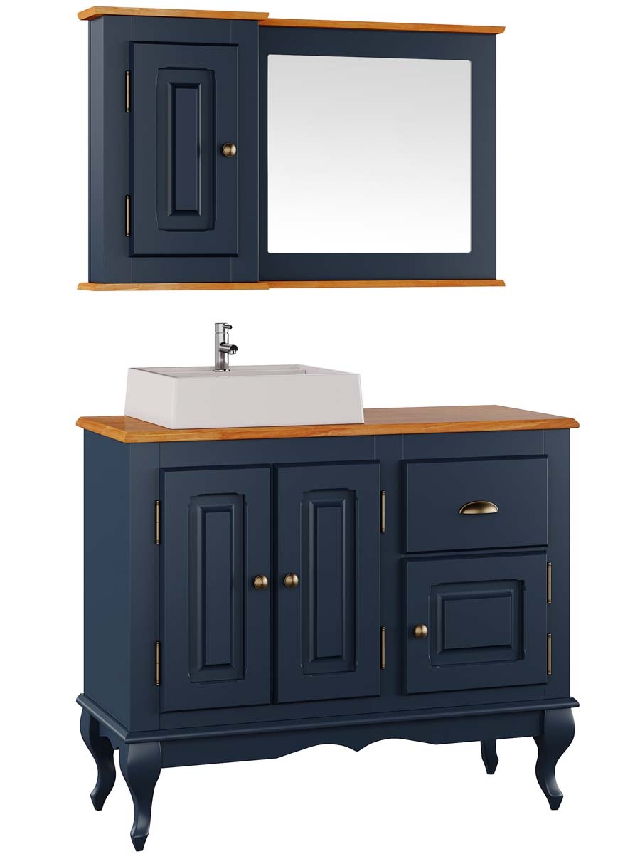 Balcão Para Banheiro Com Cuba e Espelho Pés Luis XV 3 Portas 1 Gaveta 81 x 97 x 40 cm (A x L x P) - Cor Azul Petróleo - Imbuia Glazer 