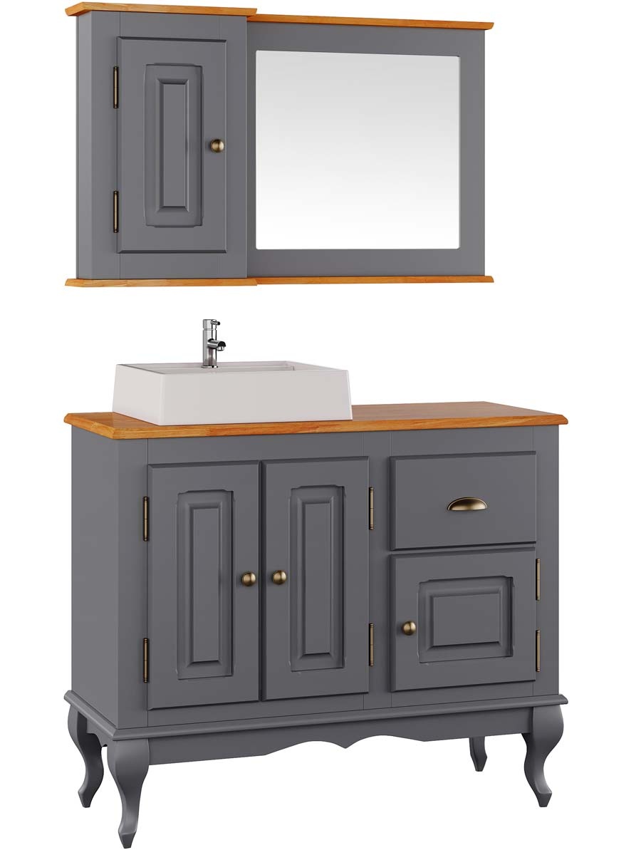 Balcão Para Banheiro Com Cuba e Espelho Pés Luis XV 3 Portas 1 Gaveta 81 x 97 x 40 cm (A x L x P) - Cor Cinza Escuro - Imbuia Glazer 