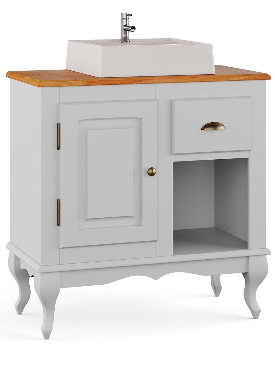 Balcão Para Banheiro Com Cuba Pés Luis XV 1 Porta 1 Gaveta + Nicho Dalia 81 x 80 x 40 cm (A x L x P) - Cor Branco - Imbuia Glazer