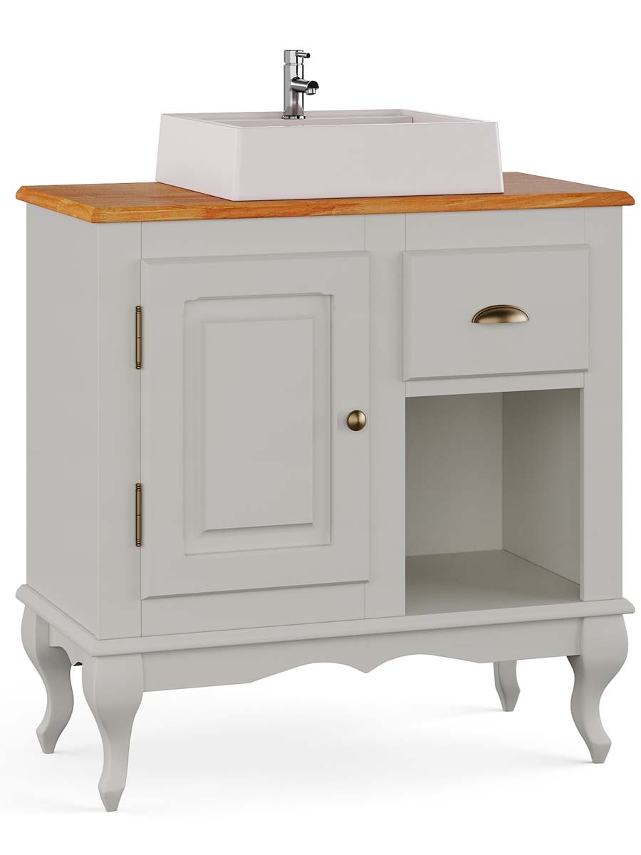 Balcão Para Banheiro Com Cuba Pés Luis XV 1 Porta 1 Gaveta + Nicho Dalia 81 x 80 x 40 cm (A x L x P) - Cor Offwhite - Imbuia Glazer