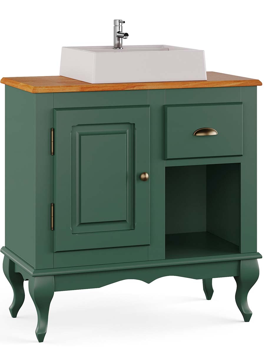 Balcão Para Banheiro Com Cuba Pés Luis XV 1 Porta 1 Gaveta + Nicho Dalia 81 x 80 x 40 cm (A x L x P) - Cor Verde Musgo - Imbuia Glazer