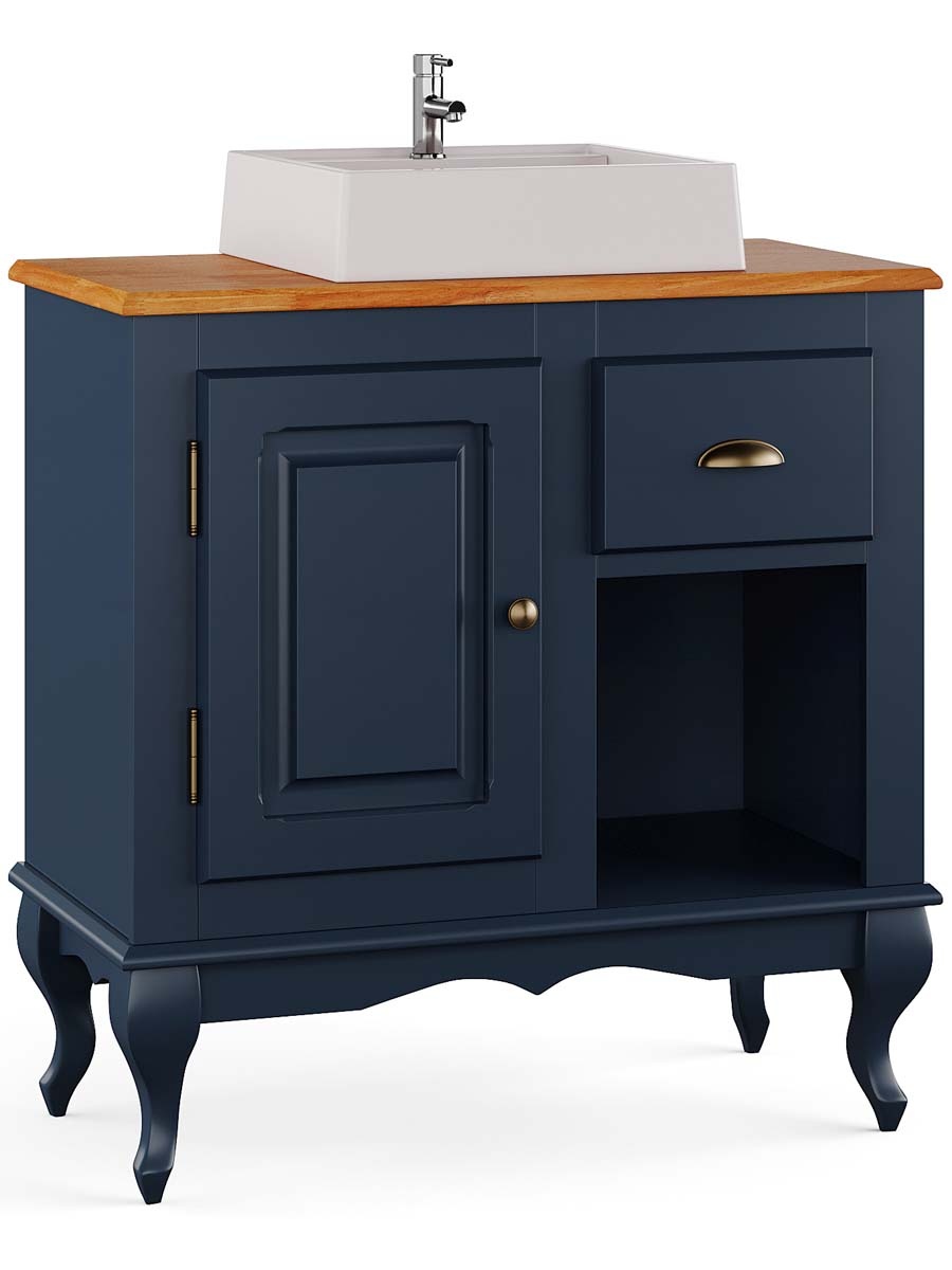 Balcão Para Banheiro Com Cuba Pés Luis XV 1 Porta 1 Gaveta + Nicho Dalia 81 x 80 x 40 cm (A x L x P) - Cor Azul Petróleo - Imbuia Glazer