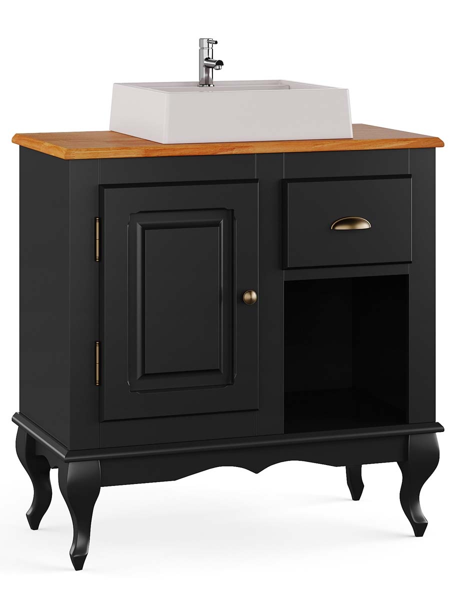 Balcão Para Banheiro Com Cuba Pés Luis XV 1 Porta 1 Gaveta + Nicho Dalia 81 x 80 x 40 cm (A x L x P) - Cor Preto - Imbuia Glazer
