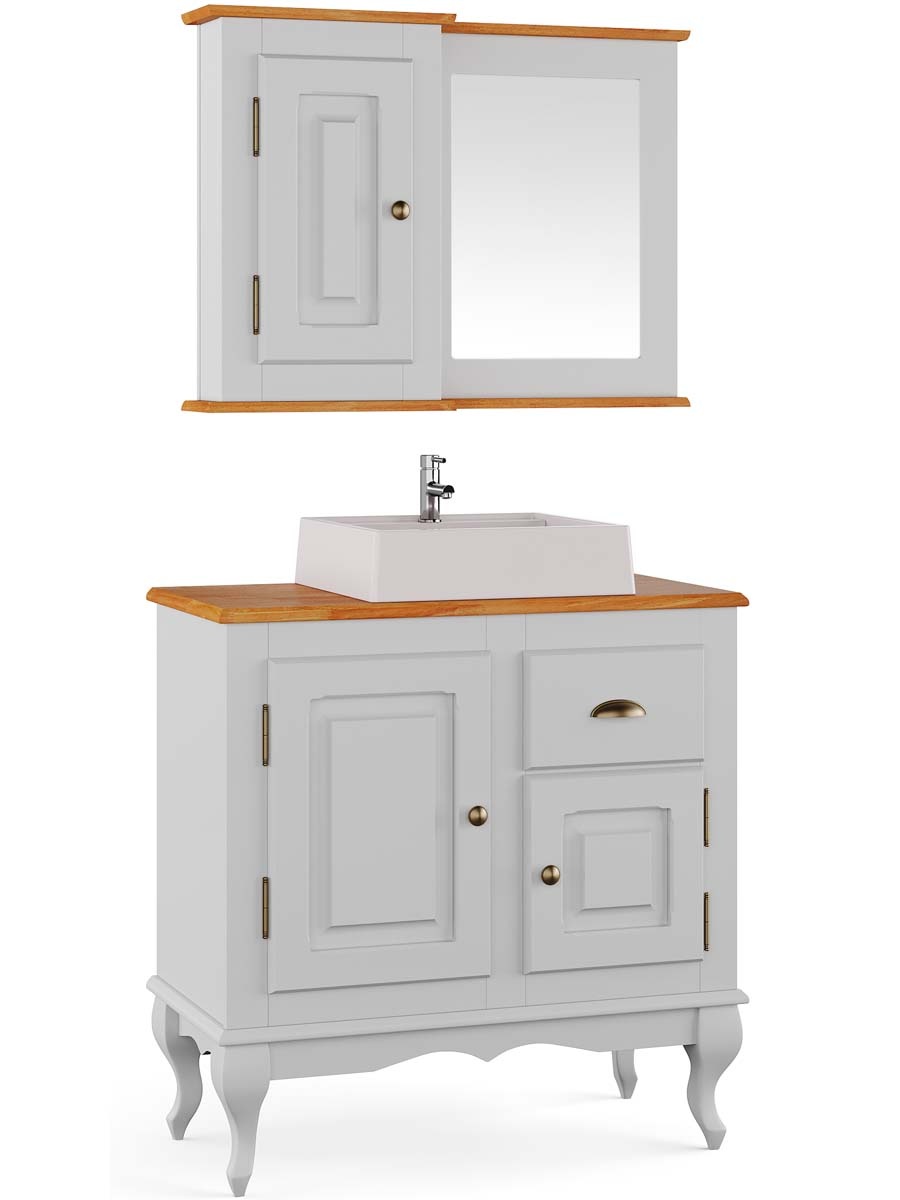 Balcão Para Banheiro Com Cuba e Espelho Pés Luis XV 2 Portas 1 Gaveta Dalia 81 x 80 x 40 cm (A x L x P) - Cor Branco - Imbuia Glazer
