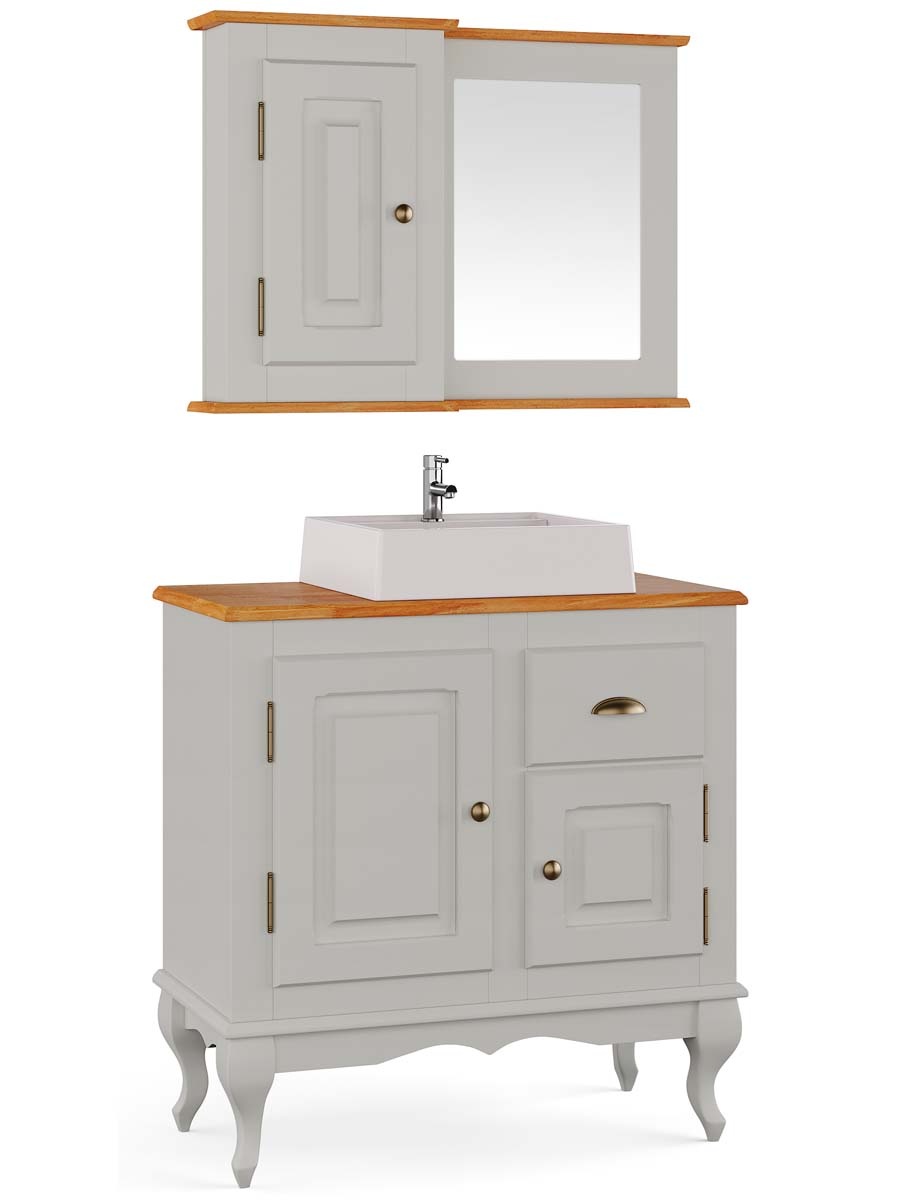 Balcão Para Banheiro Com Cuba e Espelho Pés Luis XV 2 Portas 1 Gaveta Dalia 81 x 80 x 40 cm (A x L x P) - Cor Offwhite - Imbuia Glazer