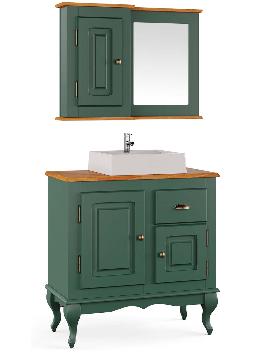 Balcão Para Banheiro Com Cuba e Espelho Pés Luis XV 2 Portas 1 Gaveta Dalia 81 x 80 x 40 cm (A x L x P) - Cor Verde Musgo - Imbuia Glazer
