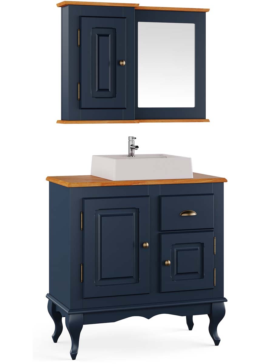 Balcão Para Banheiro Com Cuba e Espelho Pés Luis XV 2 Portas 1 Gaveta Dalia 81 x 80 x 40 cm (A x L x P) - Cor Azul Petróleo - Imbuia Glazer