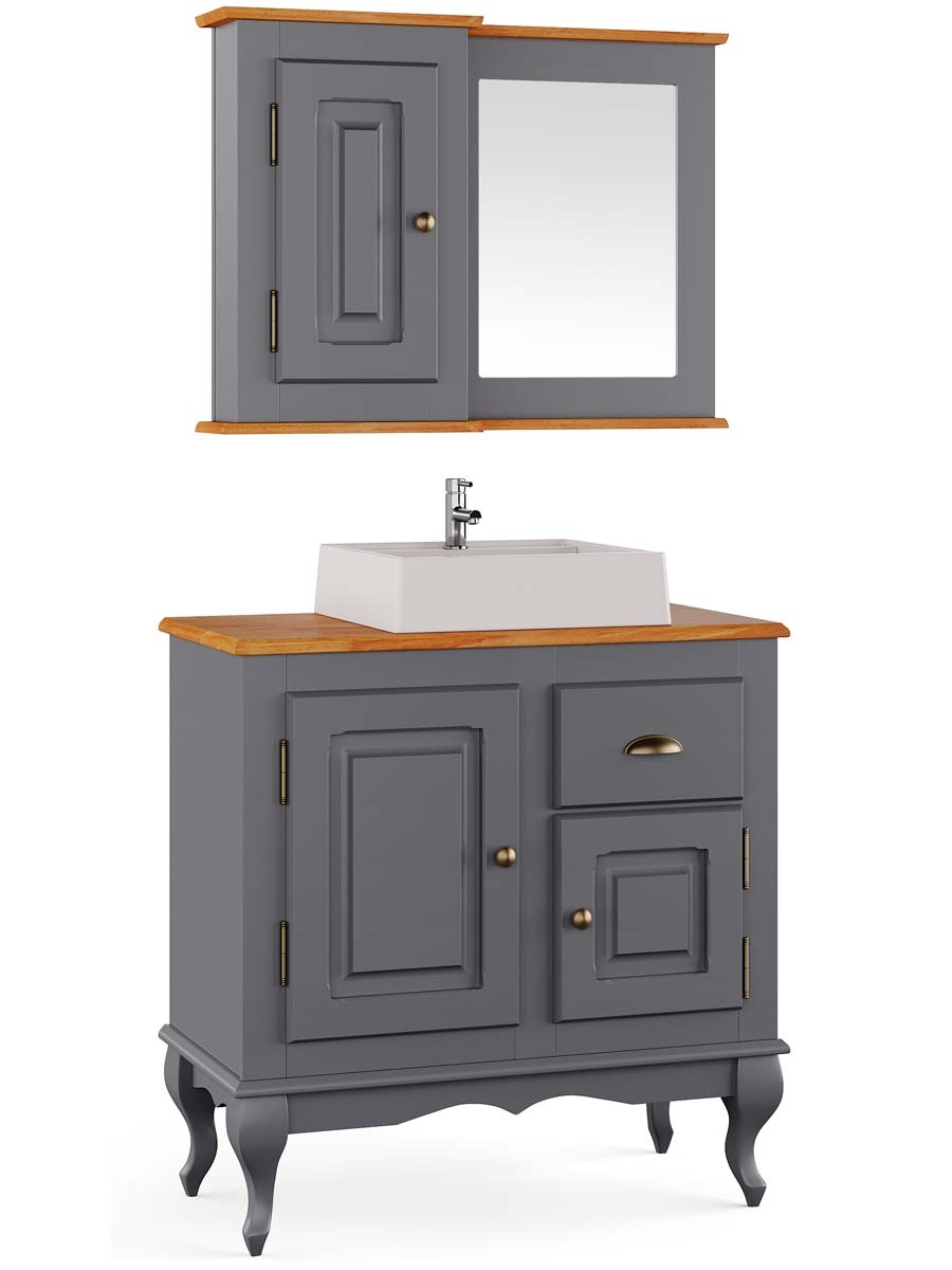 Balcão Para Banheiro Com Cuba e Espelho Pés Luis XV 2 Portas 1 Gaveta Dalia 81 x 80 x 40 cm (A x L x P) - Cor Cinza Escuro - Imbuia Glazer