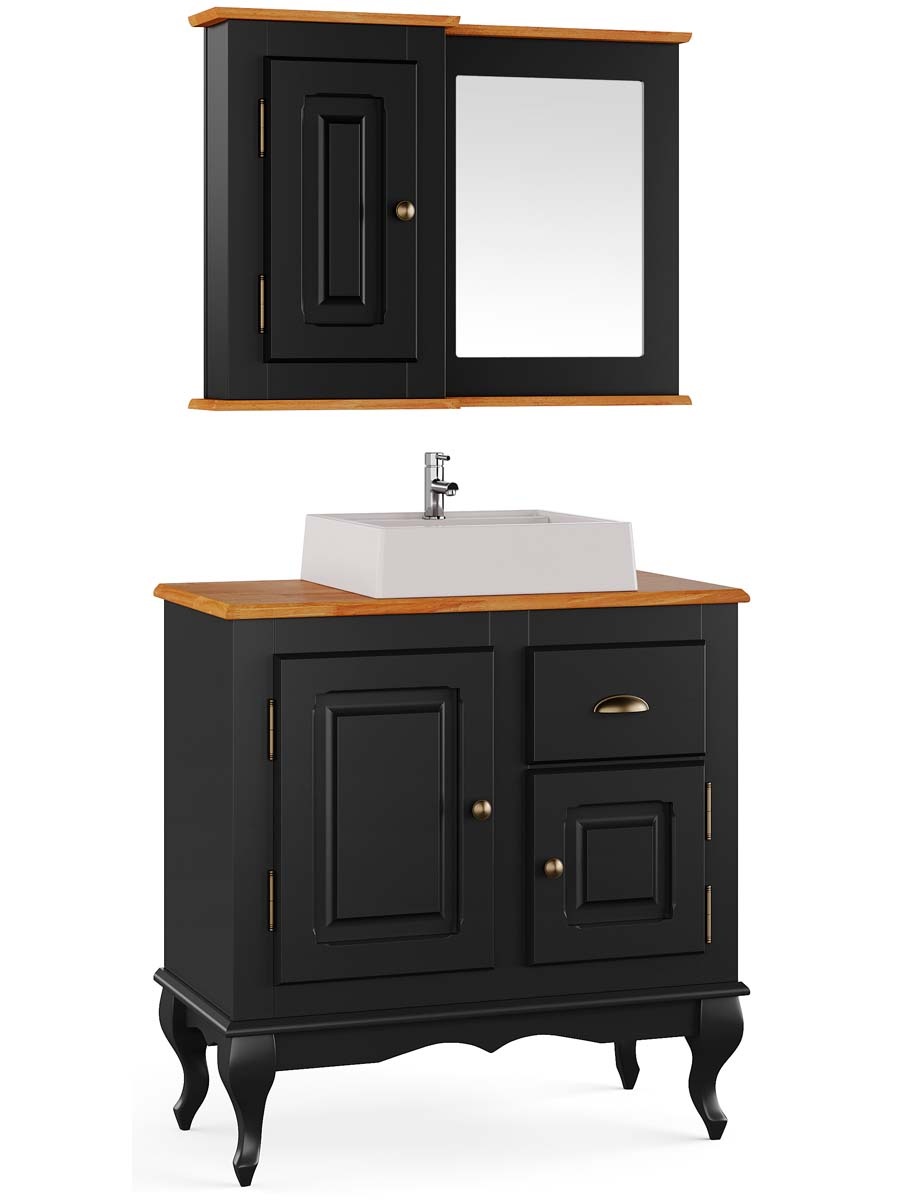 Balcão Para Banheiro Com Cuba e Espelho Pés Luis XV 2 Portas 1 Gaveta Dalia 81 x 80 x 40 cm (A x L x P) - Cor Preto - Imbuia Glazer