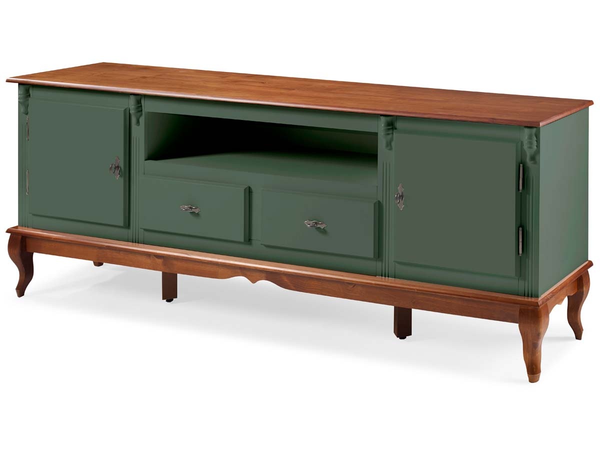 Rack Linz 2 Portas Madeira 2 Gavetas Pés Luis XV 75 x 195 x 40 cm (A x L x P) - Cor Verde Musgo - Imbuia Glazer