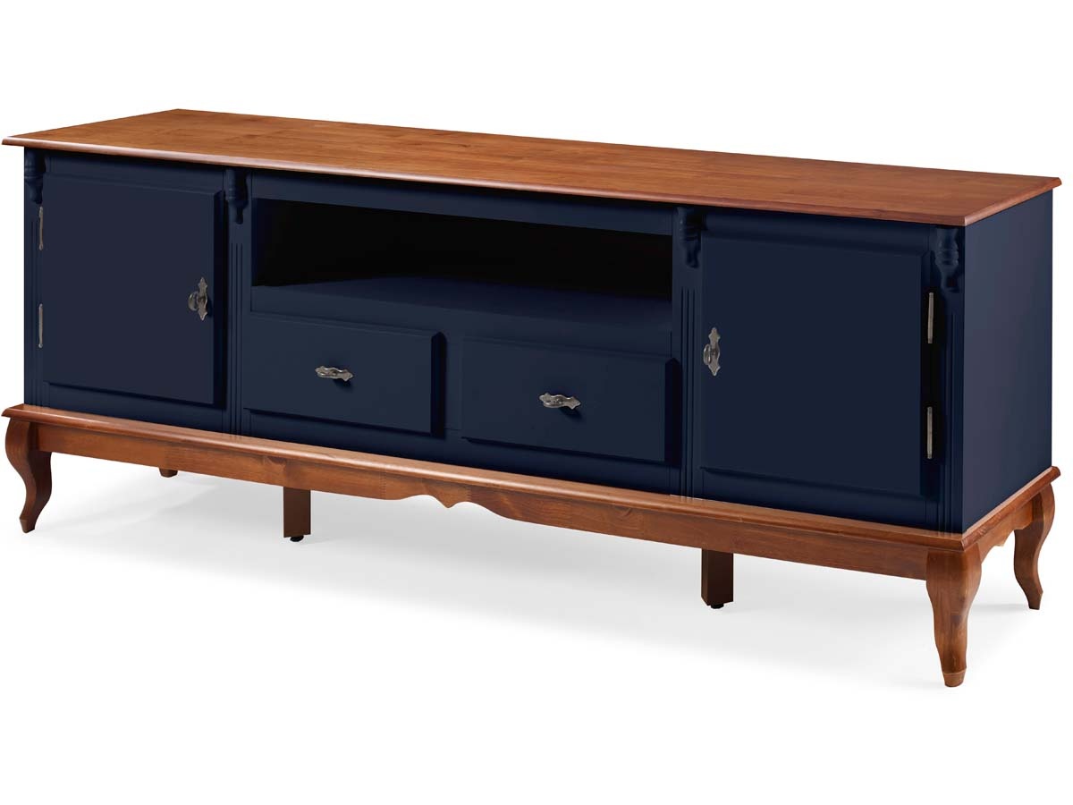 Rack Linz 2 Portas Madeira 2 Gavetas Pés Luis XV 75 x 195 x 40 cm (A x L x P) - Cor Azul Petróleo - Imbuia Glazer