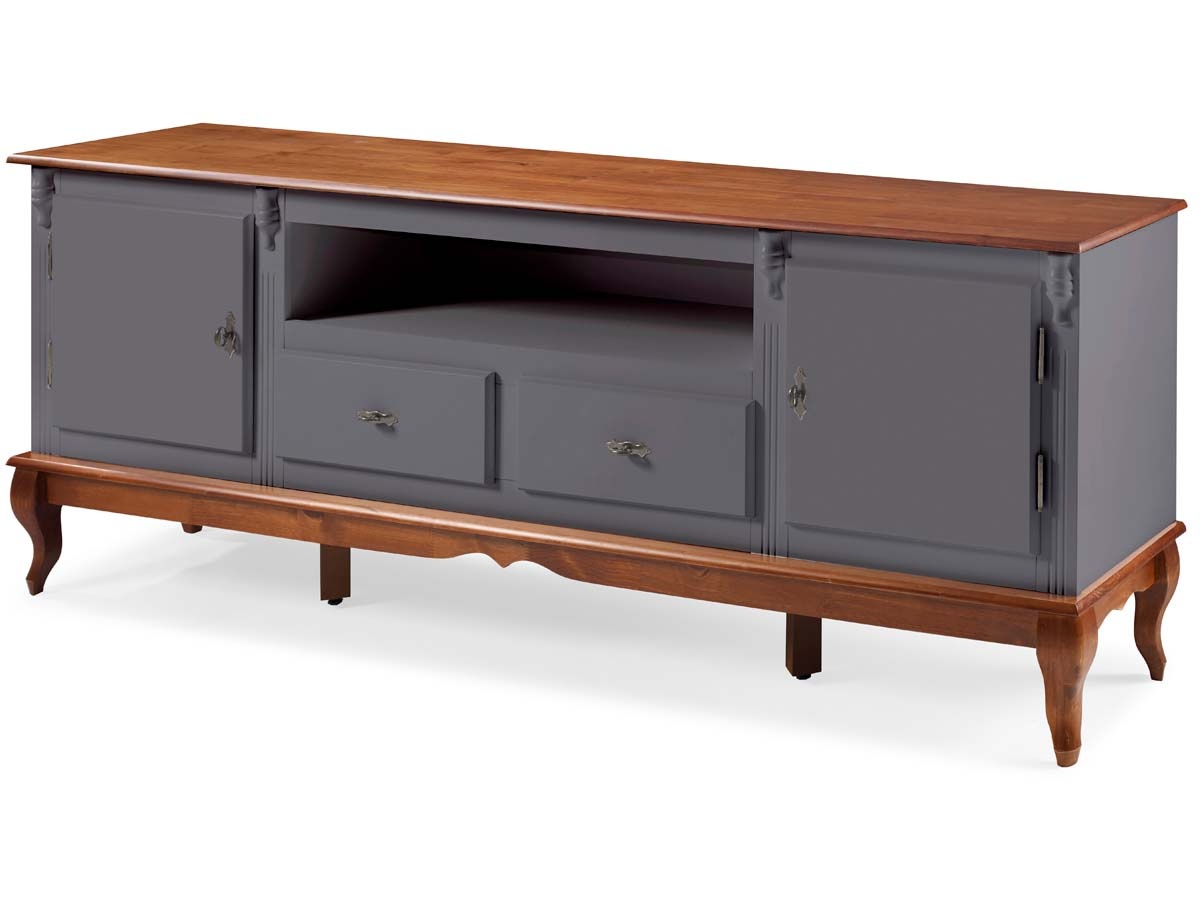 Rack Linz 2 Portas Madeira 2 Gavetas Pés Luis XV 75 x 195 x 40 cm (A x L x P) - Cor Cinza Escuro - Imbuia Glazer