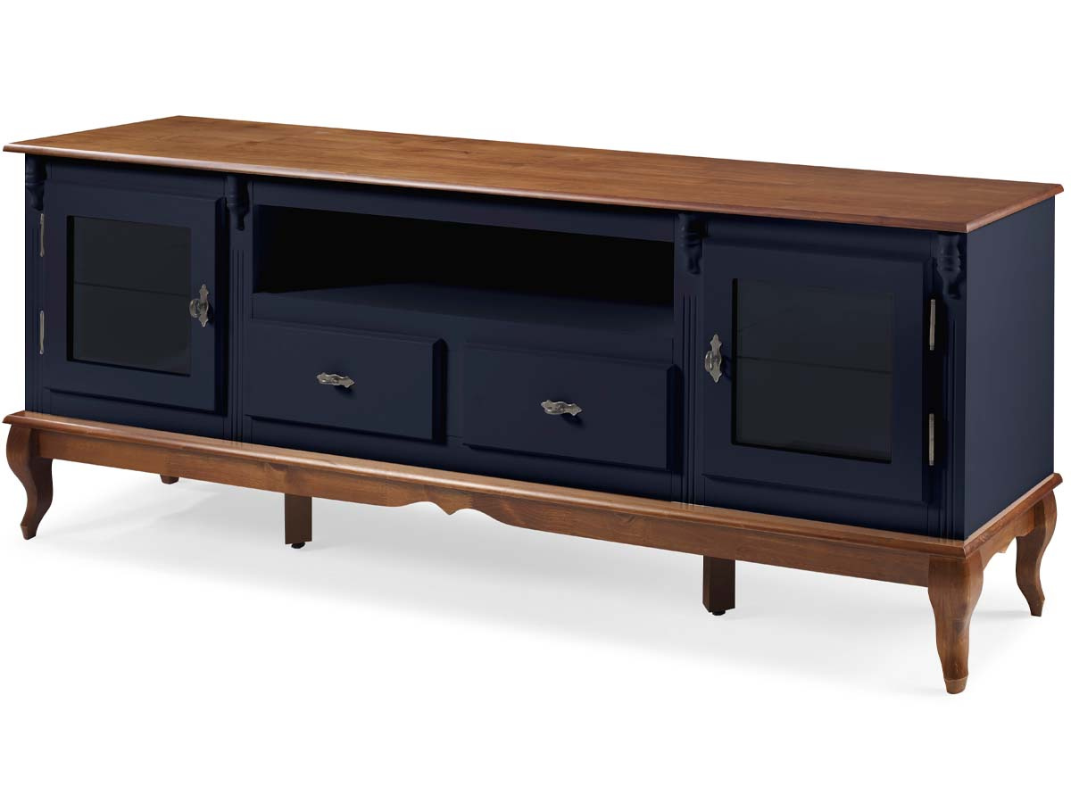 Rack Linz 2 Portas Vidro 2 Gavetas Pés Luis XV 75 x 195 x 40 cm (A x L x P) - Cor Azul Petróleo - Imbuia Glazer 
