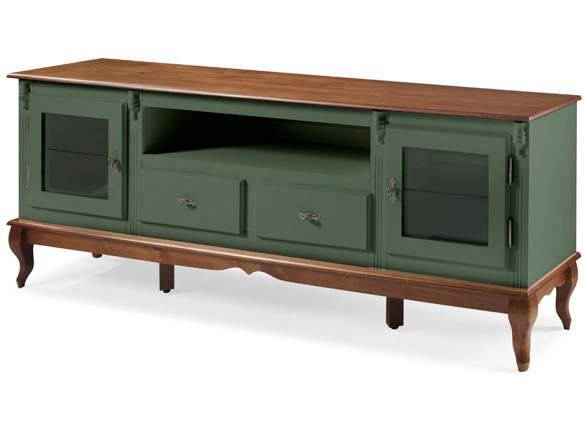 Rack Linz 2 Portas Vidro 2 Gavetas Pés Luis XV 75 x 195 x 40 cm (A x L x P) - Cor Verde Musgo - Imbuia Glazer 