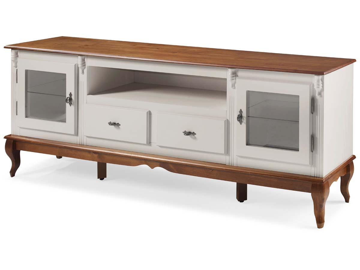 Rack Linz 2 Portas Vidro 2 Gavetas Pés Luis XV 75 x 195 x 40 cm (A x L x P) - Cor Offwhite - Imbuia Glazer 