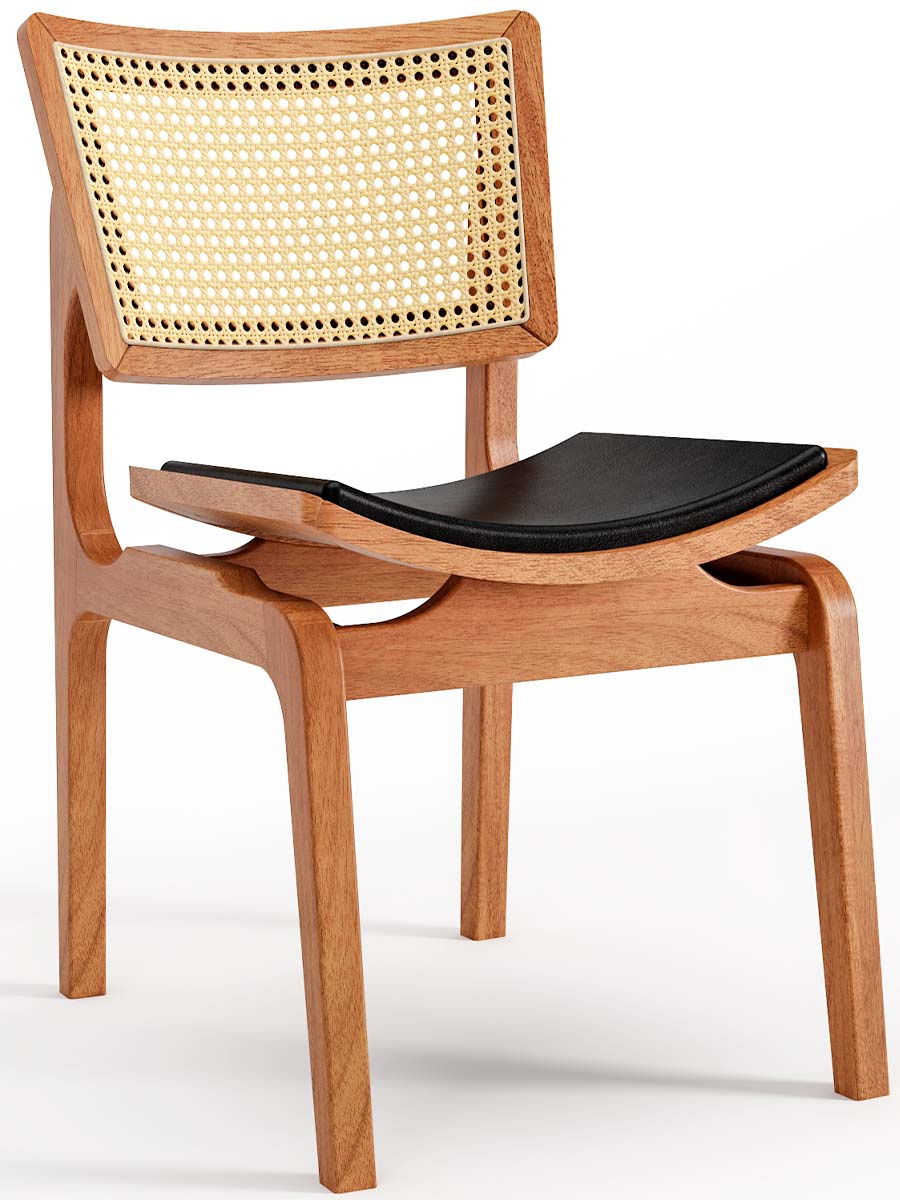 Cadeira De Madeira Verônica Assento Estofado Encosto Com Tela Sextavada 48 x 83 x 62 cm (L x A x P) - Cor Champagne Tecido Corino Preto 22B