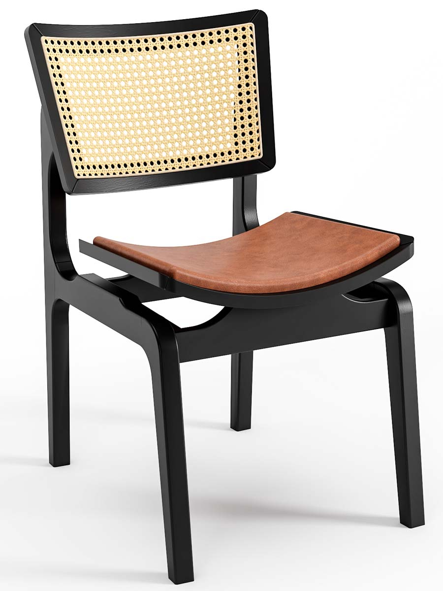 Cadeira De Madeira Verônica Assento Estofado Encosto Com Tela Sextavada 48 x 83 x 62 cm (L x A x P) - Cor Preto Tecido Corino Caramelo 133B