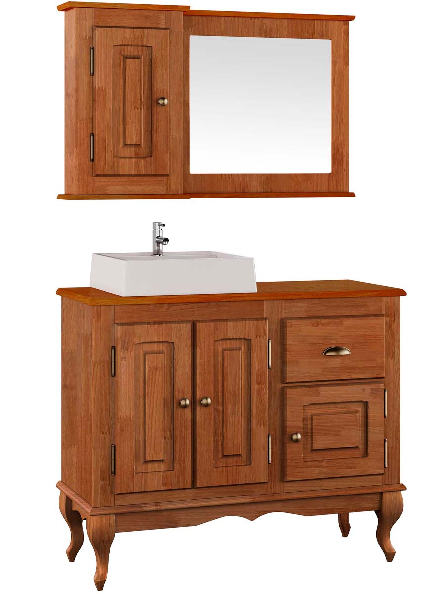 Balcão Para Banheiro Com Cuba e Espelho Pés Luis XV 3 Portas 1 Gaveta 81 x 97 x 40 cm (A x L x P) - Cor Imbuia Glazer 