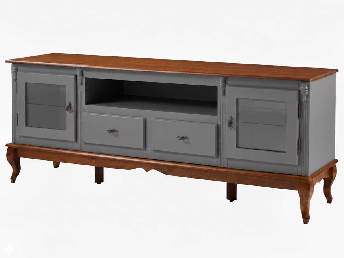 Rack Linz 2 Portas Vidro 2 Gavetas Pés Luis XV 75 x 195 x 40 cm (A x L x P) - Cor Cinza Escuro - Imbuia Glazer 