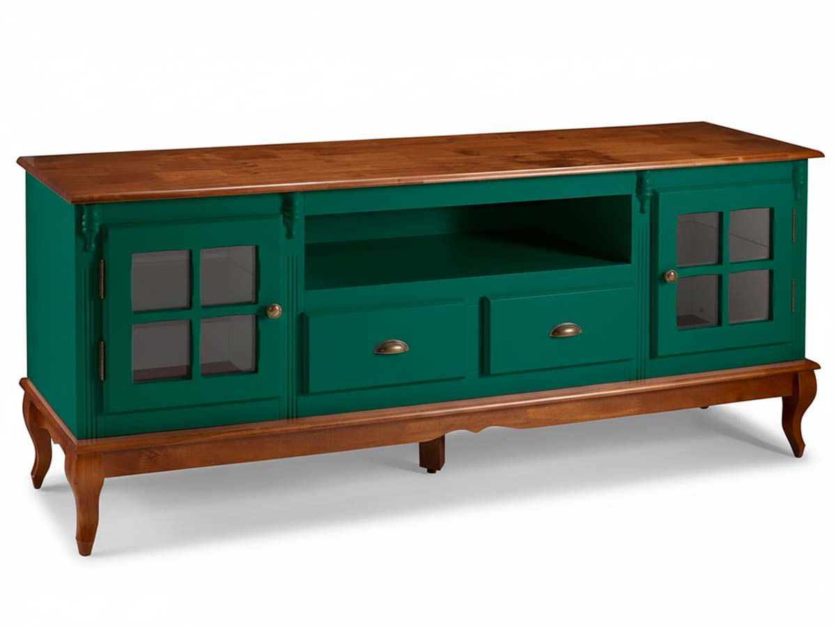 Rack Hanover 2 Portas Com Vidro Cruzeta 2 Gavetas + Nicho Pés Luis XV 75 x 195 x 40 cm (A x L x P) - Cor Verde Musgo - Imbuia Glazer