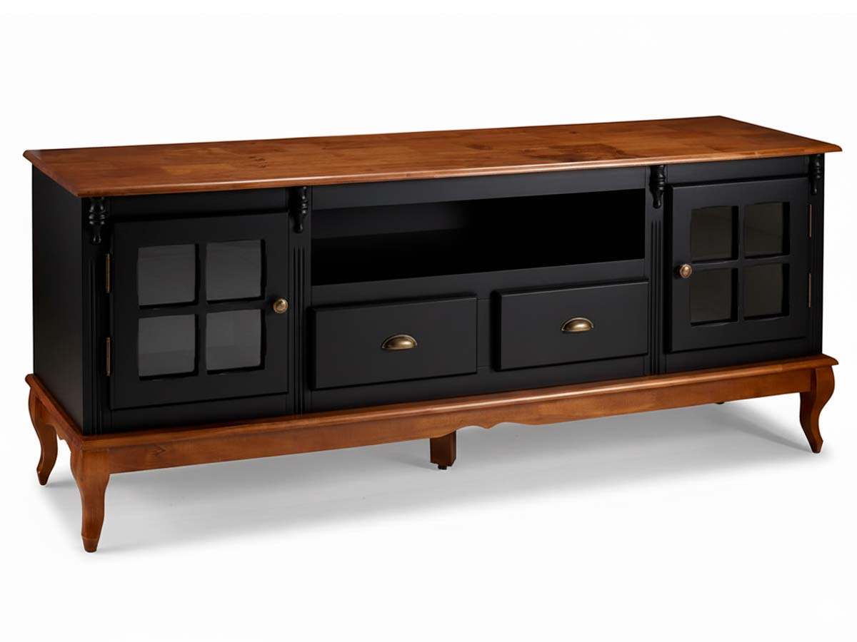 Rack Hanover 2 Portas Com Vidro Cruzeta 2 Gavetas + Nicho Pés Luis XV 75 x 195 x 40 cm (A x L x P) - Cor Preto - Imbuia Glazer