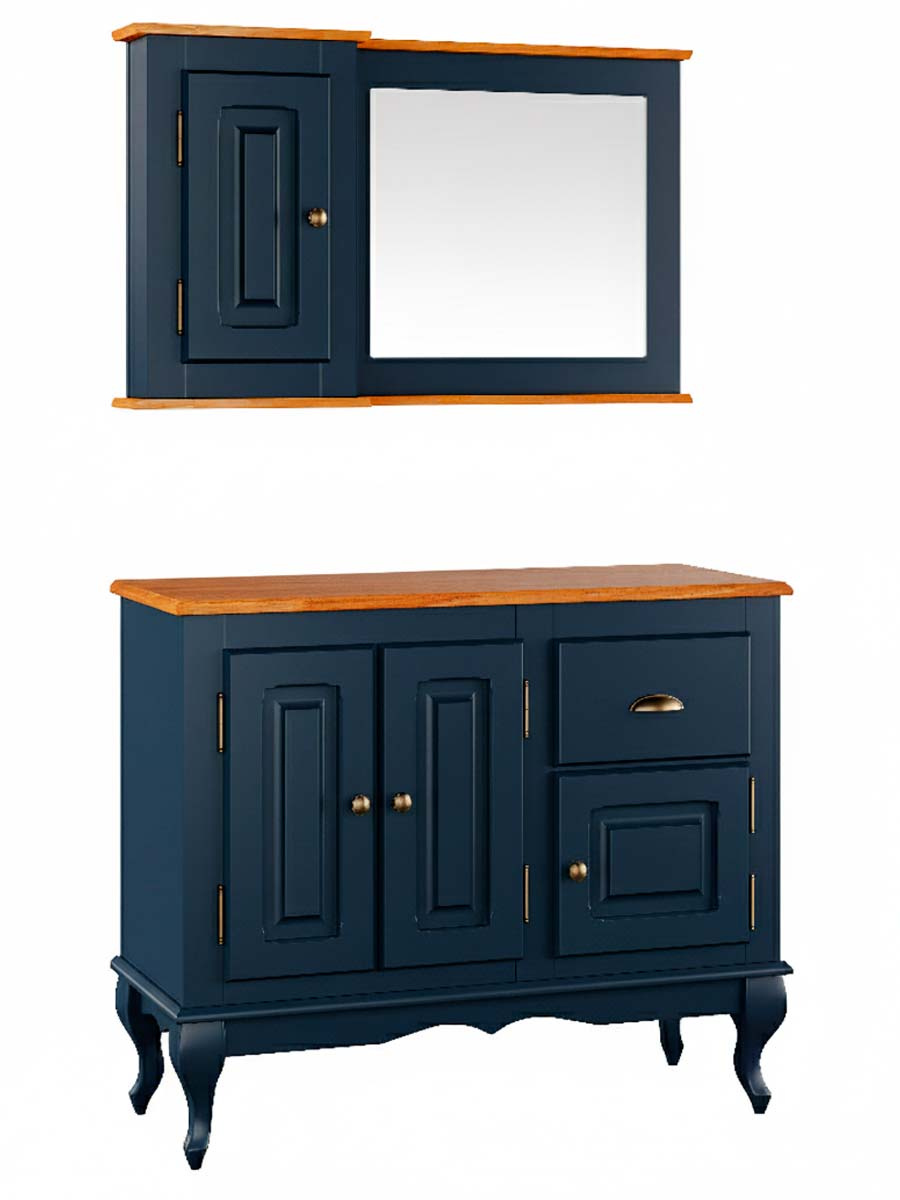 Balcão Para Banheiro Com Espelho Pés Luis XV 3 Portas 1 Gaveta 81 x 97 x 40 cm (A x L x P) - Cor Azul Petróleo - Imbuia Glazer 