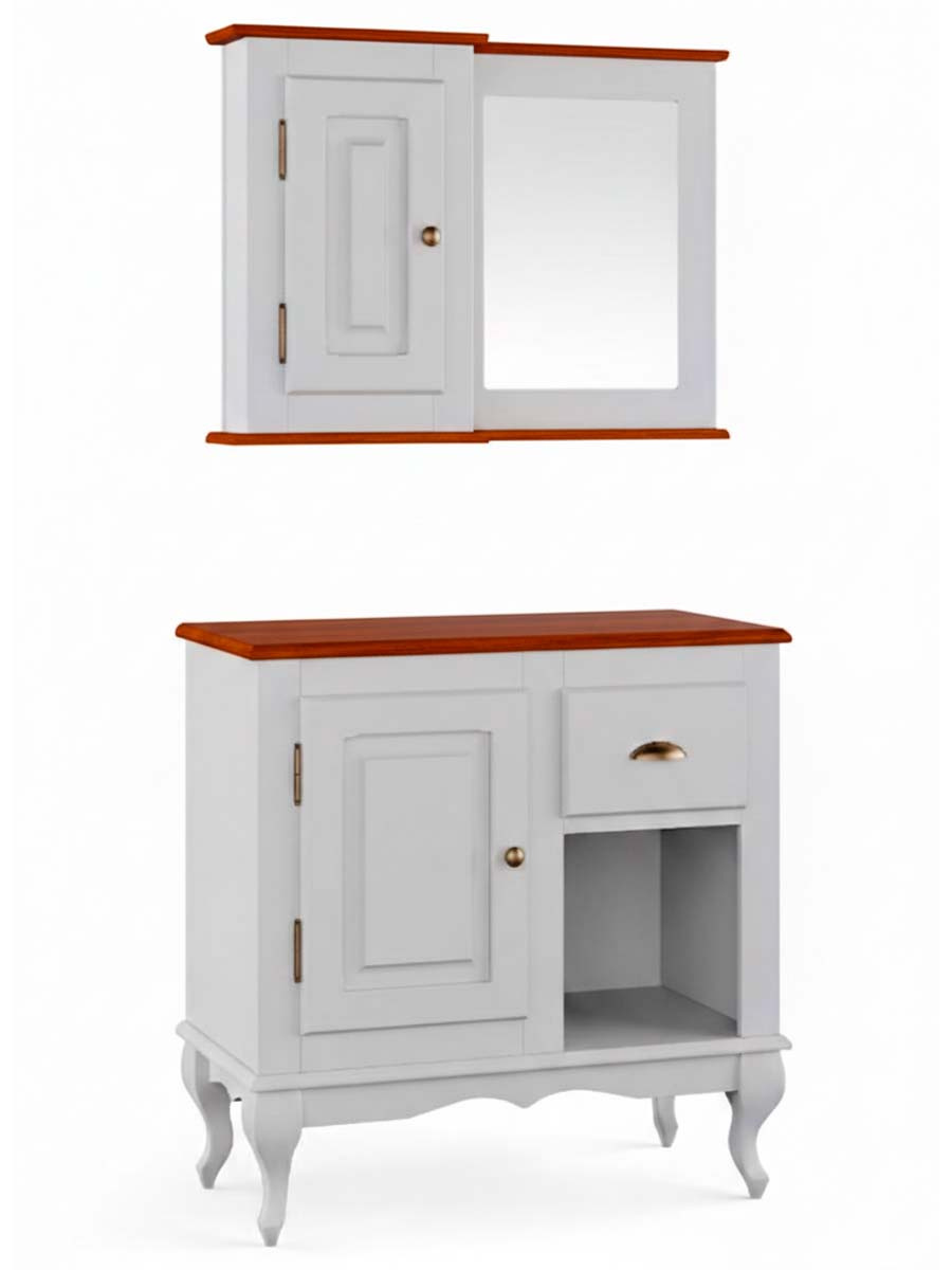 Balcão Para Banheiro Com Espelho Pés Luis XV 1 Porta 1 Gaveta + Nicho Dalia 81 x 80 x 40 cm (A x L x P) - Cor Branco - Imbuia Glazer