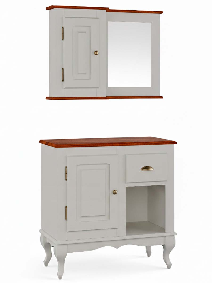 Balcão Para Banheiro Com Espelho Pés Luis XV 1 Porta 1 Gaveta + Nicho Dalia 81 x 80 x 40 cm (A x L x P) - Cor Offwhite - Imbuia Glazer