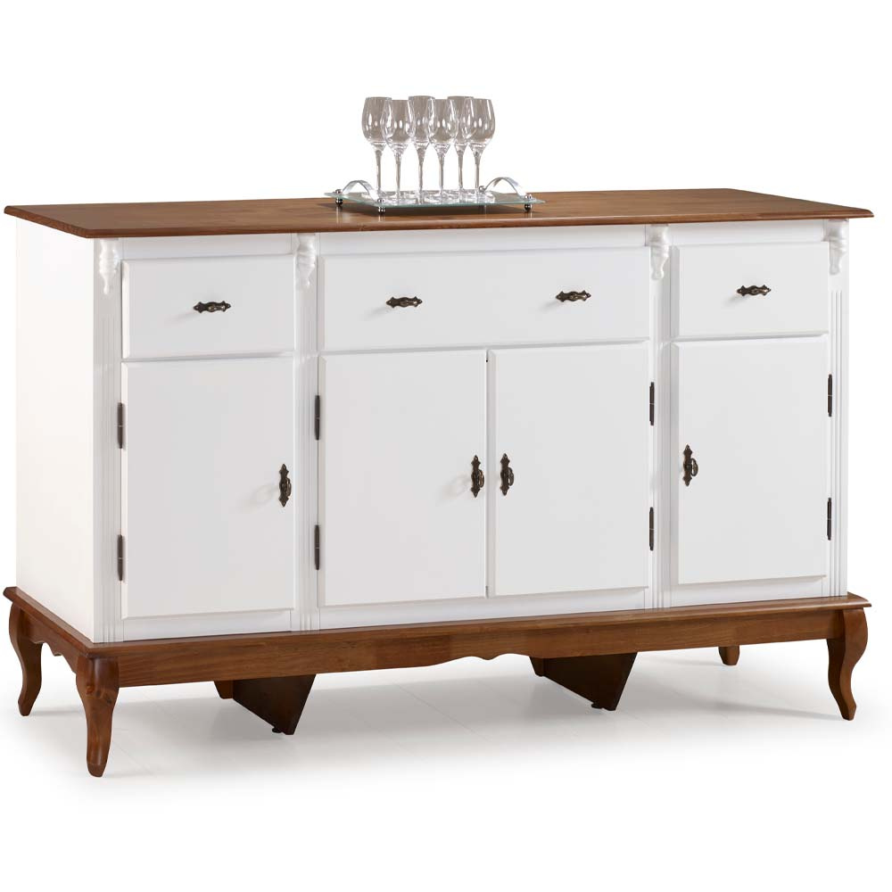 Balcão Linz 4 Portas 3 Gavetas Pés Luis XV 99 x 175 x 45 cm (A x L x P) - Cor Branco/Imbuia Glazer