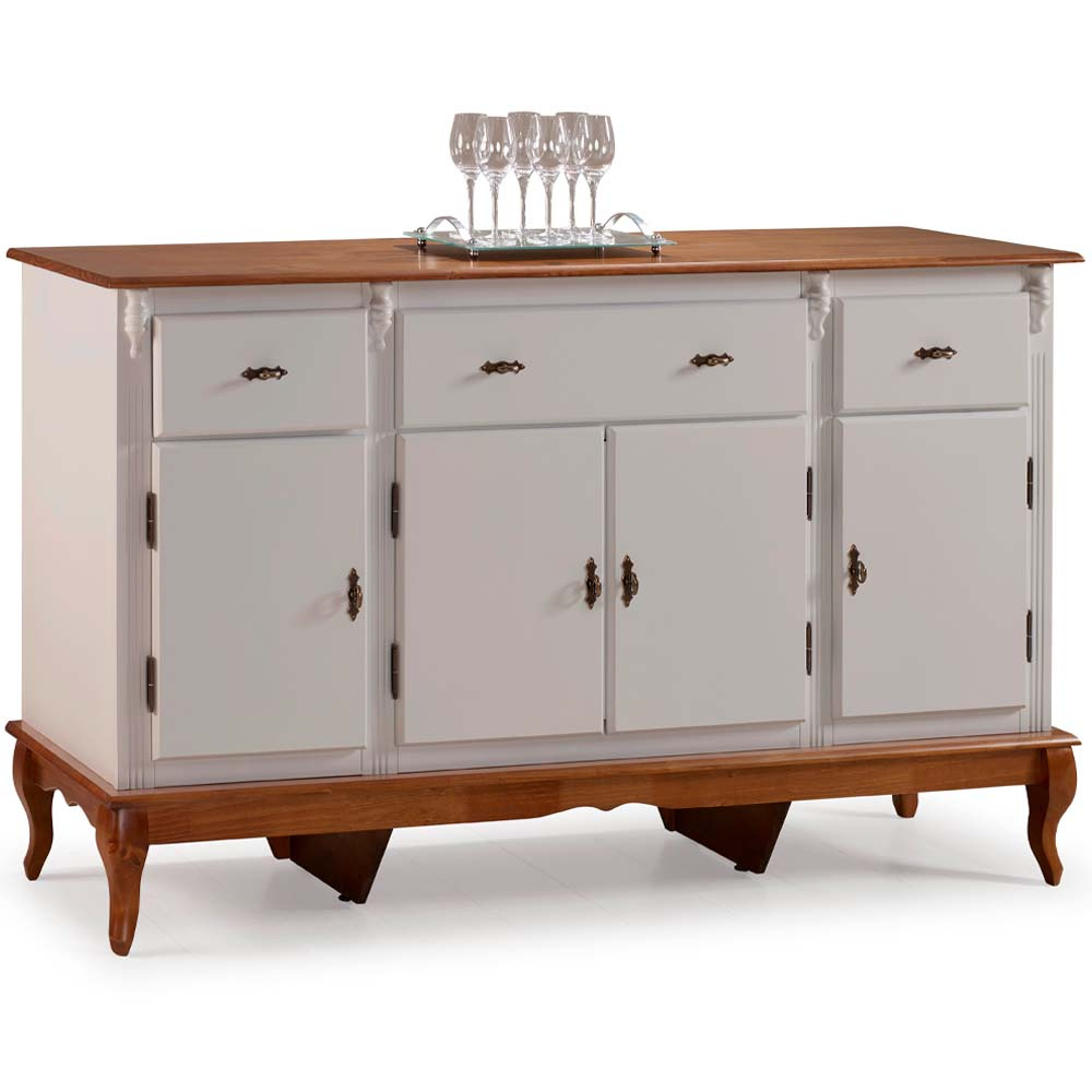 Balcão Linz 4 Portas 3 Gavetas Pés Luis XV 99 x 175 x 45 cm (A x L x P) - Cor Offwhite/Imbuia Glazer