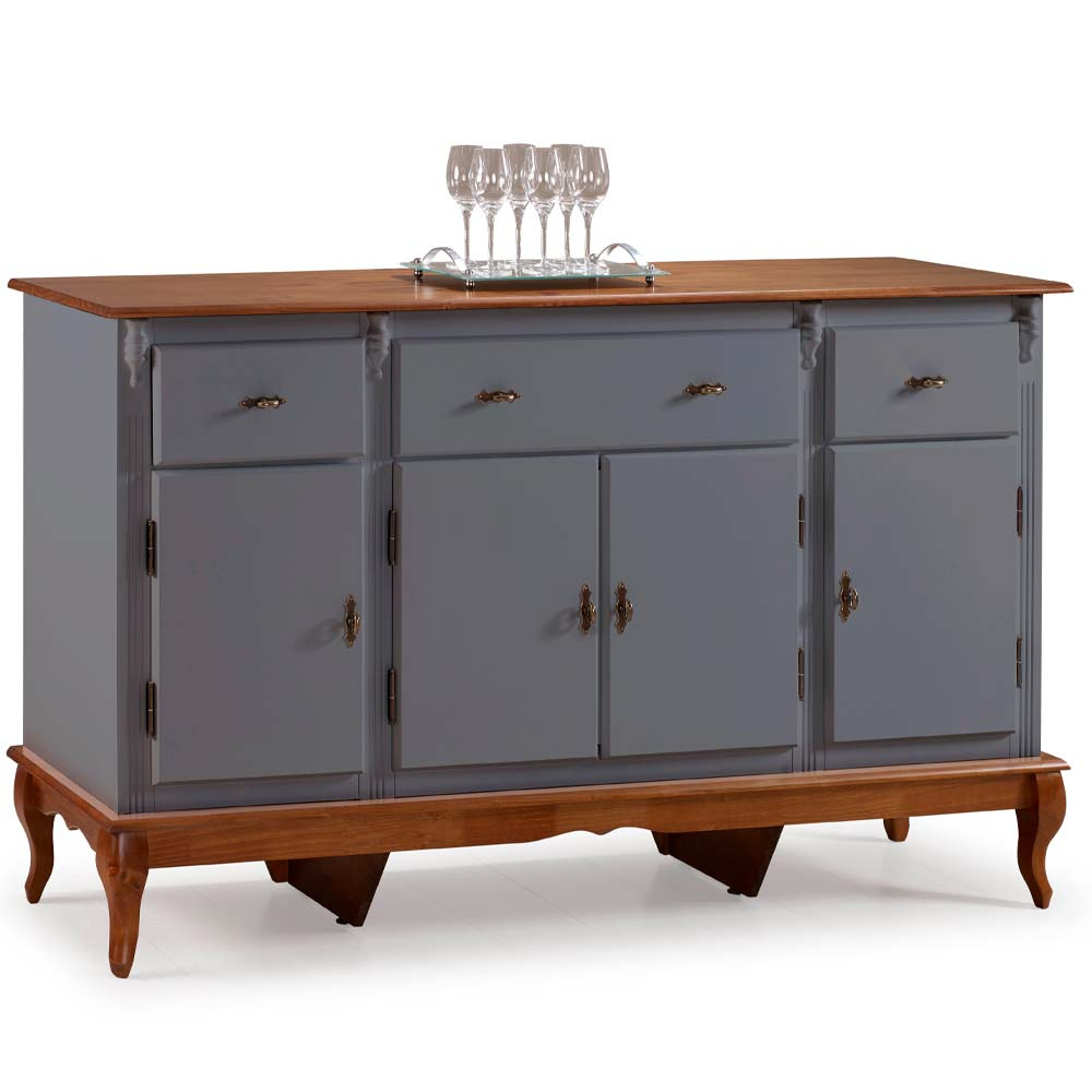 Balcão Linz 4 Portas 3 Gavetas Pés Luis XV 99 x 175 x 45 cm (A x L x P) - Cor Cinza Escuro/Imbuia Glazer