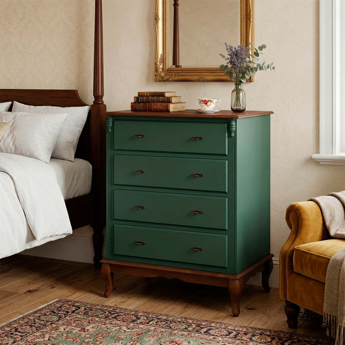 Cômoda De Madeira Linz 4 Gavetas 116 x 90 x 50 cm - Cor Verde Musgo - Imbuia Glazer