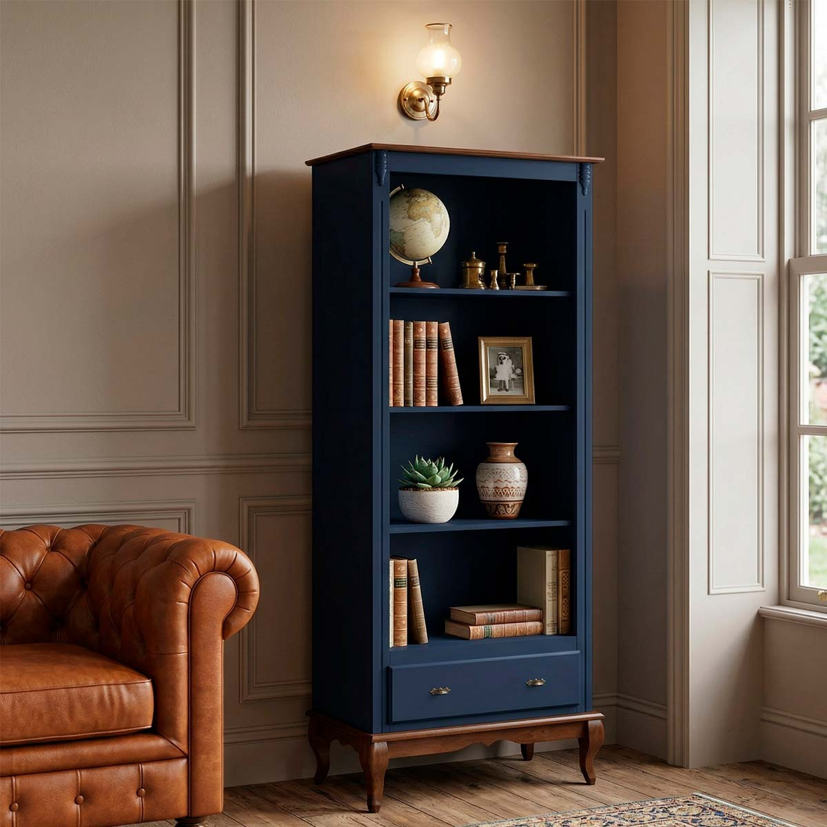 Estante Linz Pés Luis XV 205 x 90 x 40 cm (A x L x P) - Cor Azul Petróleo - Imbuia Glazer 