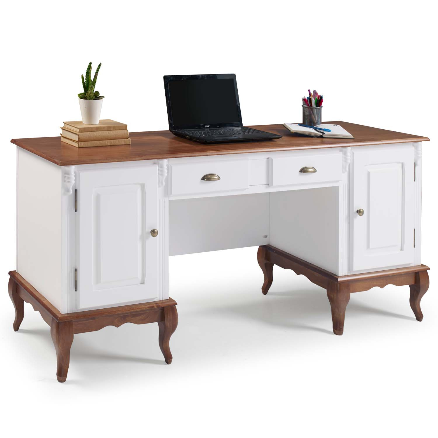 Escrivaninha 2 Portas 2 Gavetas Pés Luis XV Linz Móveis 80 x 176 x 50 cm (A x L x P) - Cor Branco - Imbuia Glazer 