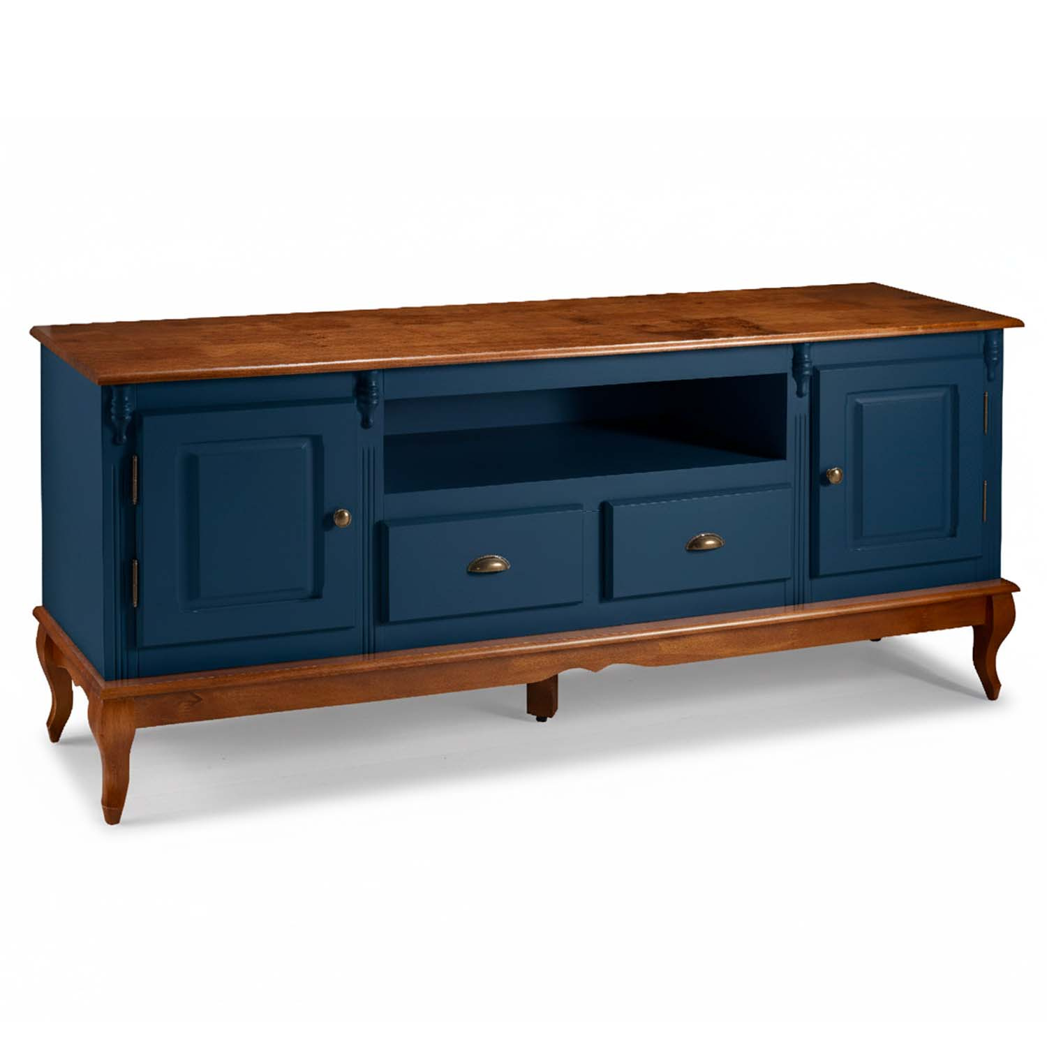 Rack Hanover 2 Portas 2 Gavetas + Nicho Pés Luis XV 75 x 195 x 40 cm (A x L x P) - Cor Azul Petróleo - Imbuia Glazer
