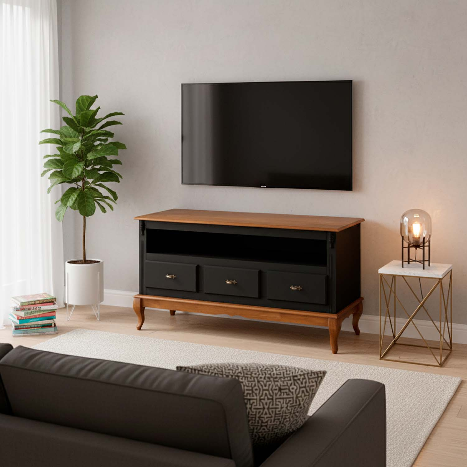 Rack Linz 3 Gavetas + Nicho 75 x 150 x 40 (A x L x P) - Cor Preto - Imbuia Glazer 