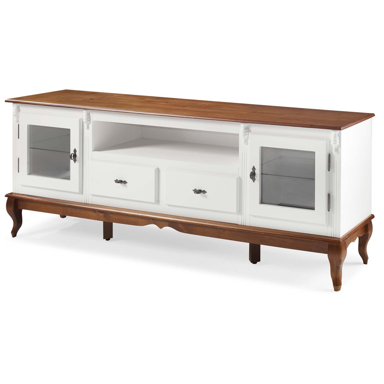 Rack Linz 2 Portas Vidro 2 Gavetas Pés Luis XV 75 x 195 x 40 cm (A x L x P) - Cor Branco - Imbuia Glazer 