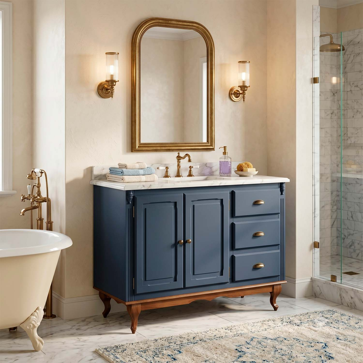 Balcão Para Pia Hanover Com Pés Luis XV 93 x 120 x 53 cm  (A x L x P) - Cor Azul Petróleo - Imbuia Glazer